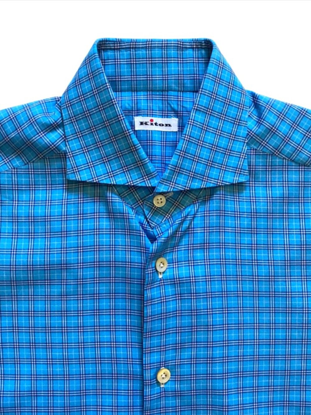 KITON Button Down Sport Shirt Mens 40 16 Blue Check Cotton Long Sleeve Classic